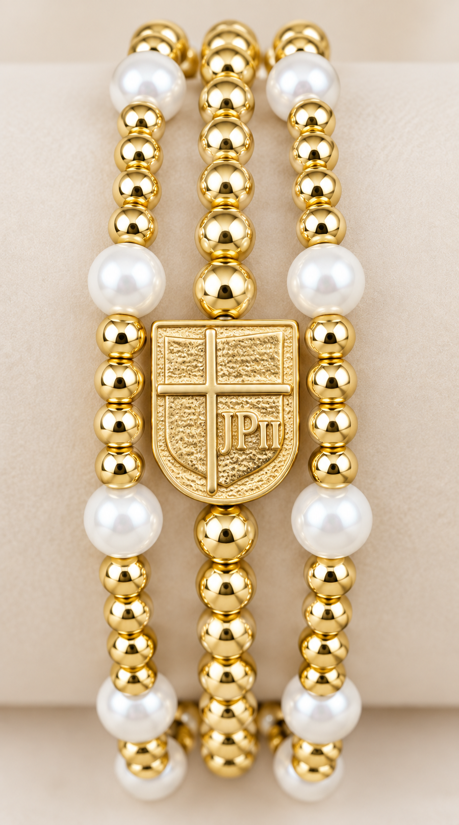 3 Gold & Pearl Bracelets with JPII Shield