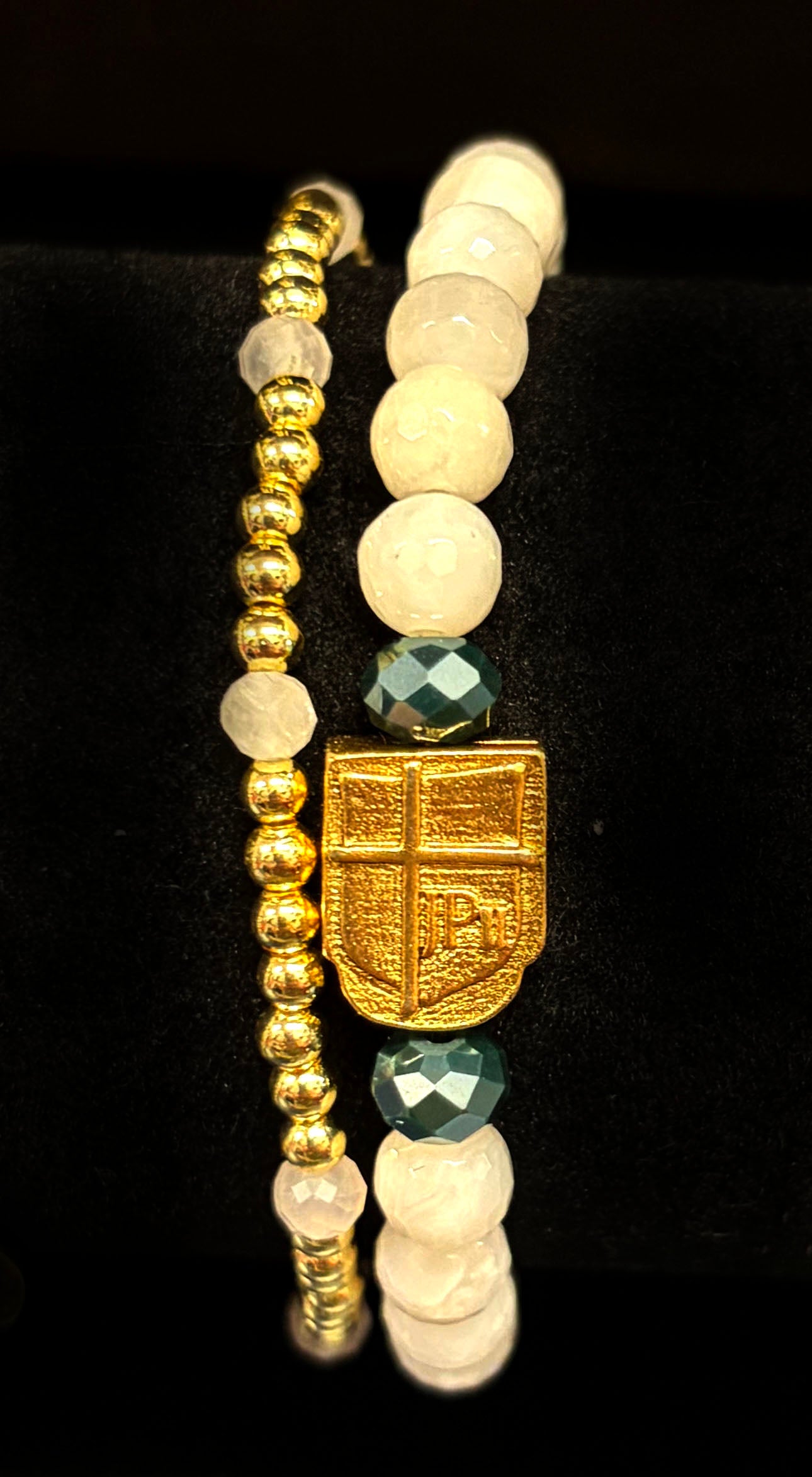 Gold bracelet & Moon Stone Bracelet with JPII Shield