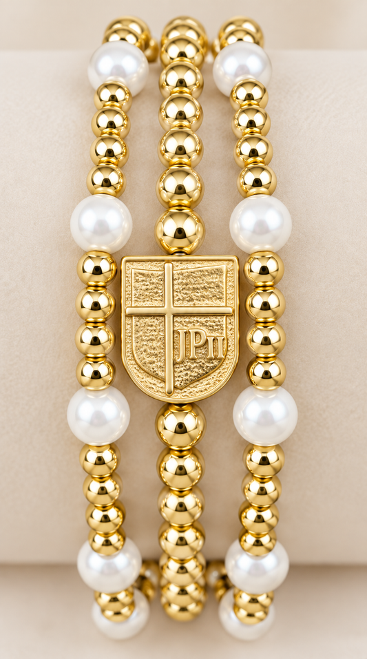 3 Gold & Pearl Bracelets with JPII Shield