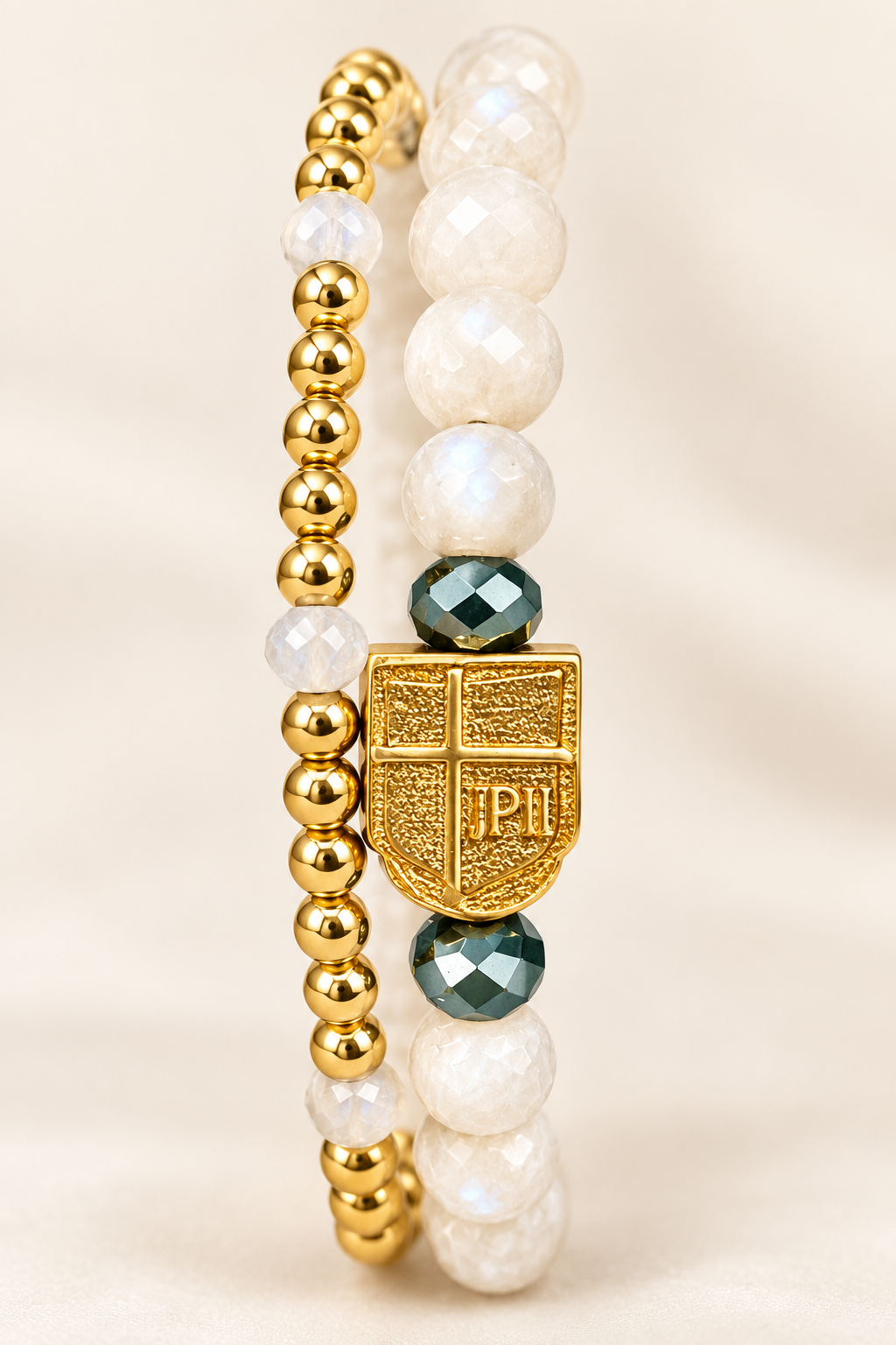 Gold bracelet & Moon Stone Bracelet with JPII Shield